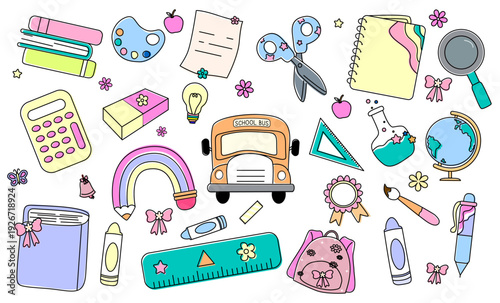 Back to school elements set with colorful books, pencils, bus, apple and fun stationery icons. Cute sticker style illustrations perfect for planners, posters, classroom decor and prints.