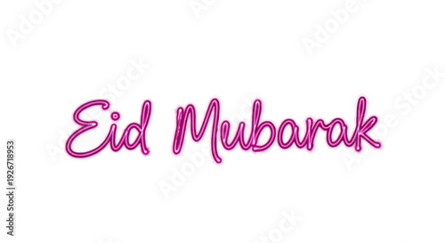 Eid Mubarak greeting card with pink neon text on white background Vector
