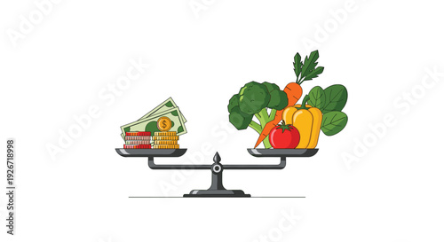 A black balance scale holds a stack of money and coins on one side and a variety of fresh vegetables on the other side.