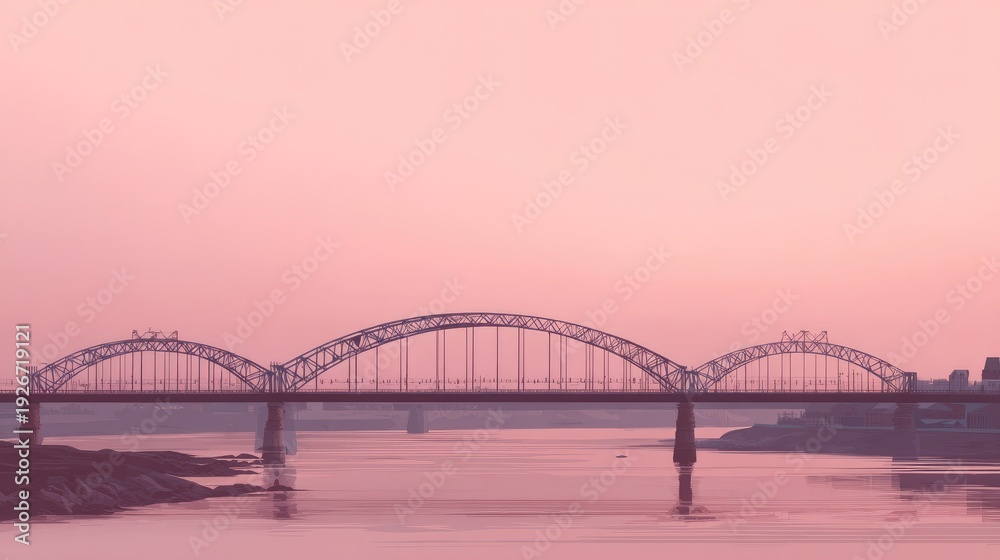 Obraz premium Serene Sunrise View of Majestic Bridge Over Calm Water with Soft Pink Sky, Capturing Tranquility and Beauty in Nature's Morning Light
