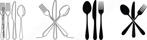 Cutlery silhouette set, fork knife and spoon icons, restaurant dining tools, kitchen silverware vector, catering equipment, cafe menu, table setting.