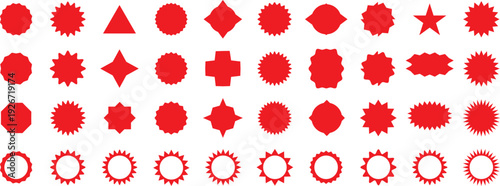 Set of with zigzag edges, Sunburst sticker shapes, Rounded starburst zigzag, circle shapes & star shapes offer price tag, discount, sale label, stickers, white background