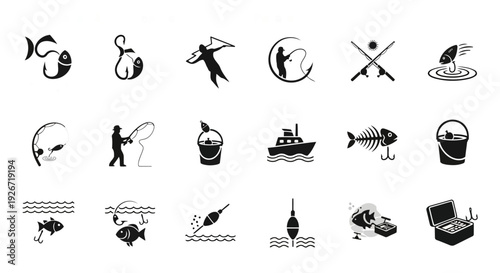 Collection of 12 unique black fishing icons arranged in a single square frame. Modern minimalist angling silhouettes featuring rod, reel, hook, lure, fish, boat and tackle elements. Clean vector style