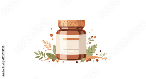 A brown glass medicinal jar with a wooden cap is surrounded by various botanical leaves and berries on a clean white background.