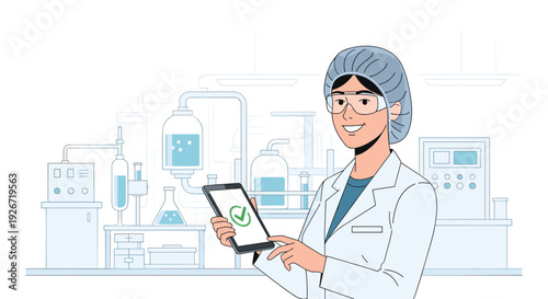A female scientist wearing a lab coat and safety goggles holds a digital tablet with a green checkmark in a laboratory setting.