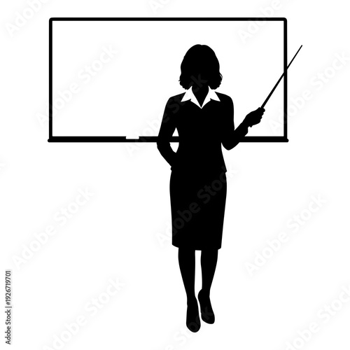 Female teacher silhouette illustration presenting with a pointer and whiteboard