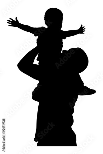 Silhouette of father carrying happy child on shoulders vector graphic