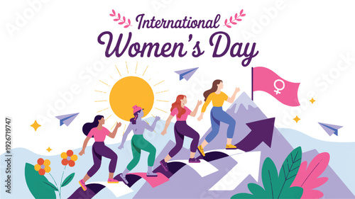 International Womens Day illustration of women climbing mountain with flag  empowerment and equality