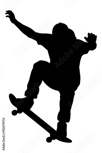 Vector graphic silhouette of skateboarder performing an extreme trick midair