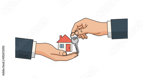 A person in a business suit hands over a silver key with a house keychain to another open hand on a white background.