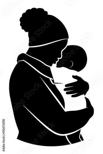 Silhouette graphic illustration of mother tenderly holding her sleeping newborn baby