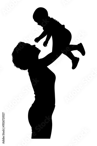 Mother silhouette tossing happy baby high into the air graphic illustration