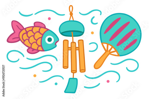 Collection of traditional Japanese summer symbols including a furin wind chime, hand fan, and stylized fish