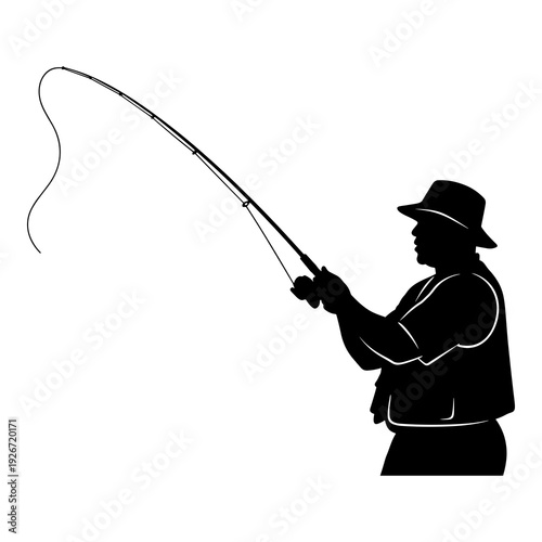 Fisherman silhouette casting line with bent rod vector graphic design illustration