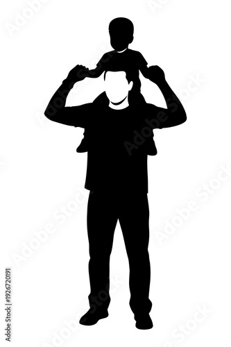 Father carrying small child riding high on shoulders silhouette vector graphic