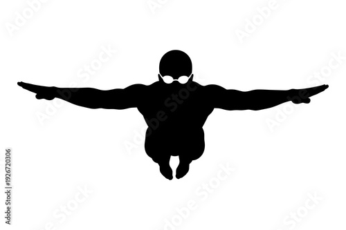 Silhouette vector graphic illustration of a swimmer diving forward powerfully