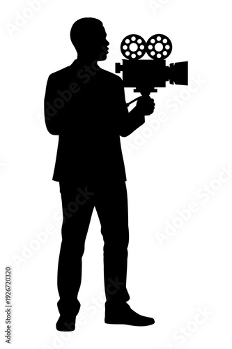 Black silhouette illustration of cameraman holding a classic film camera.