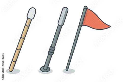 Collection of various outdoor marking stakes and poles including a red flag