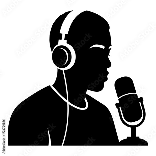 Vector graphic illustration of a person speaking into a studio microphone.
