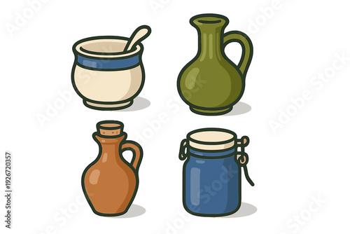 Colorful ceramic and glass kitchen containers set including pitcher jar cruet and sugar pot