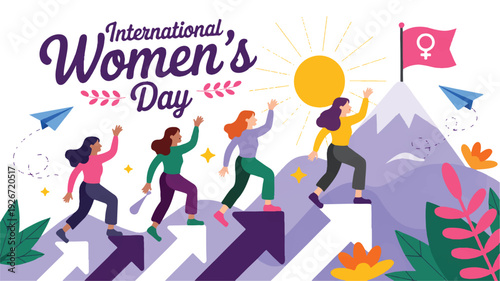 International Womens Day illustration with women climbing up arrows towards sun and flag