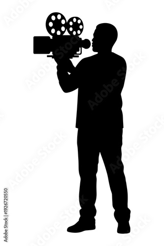 Silhouette graphic illustration of a filmmaker operating a vintage movie camera