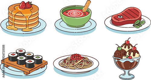Assorted Food Dishes Including Pancakes, Sushi, Noodles, Steak, and Ice Cream for Meal and Dessert Designs