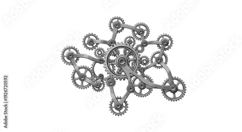 A complex arrangement of interconnected grey metallic gears and mechanical linkage arms is displayed against a solid white background.