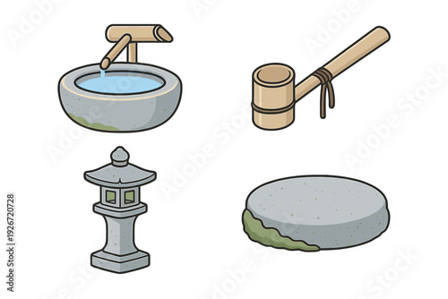 Set of traditional Japanese garden elements: stone lantern, water basin, bamboo ladle, stepping stone