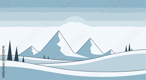 Snowy mountains and hills with trees in a serene winter landscape illustration from a distant viewpoint