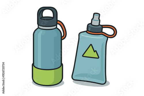 Reusable water bottle and flexible soft flask representing essential outdoor hydration gear