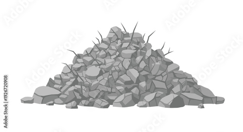 A wide mound of small grey rocks and textured stone fragments with thin dark spikes protruding from the top sits on a white background.