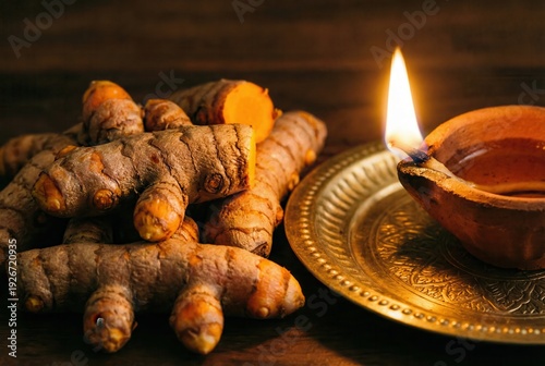Turmeric roots with traditional clay lamp on decorative plate