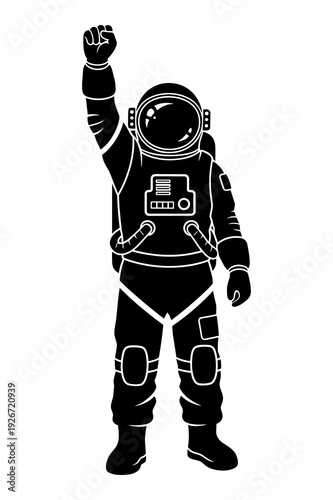 Vector graphic illustration of an astronaut raising triumphant fist in celebration