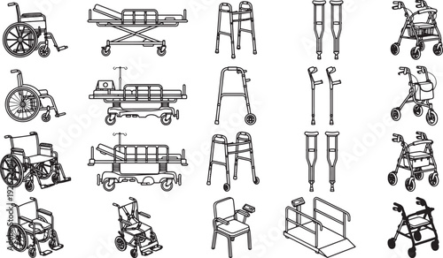 A collection of assistive devices essential for enhancing mobility and independence. A comprehensive illustration features a variety of aids for those with physical challenges.