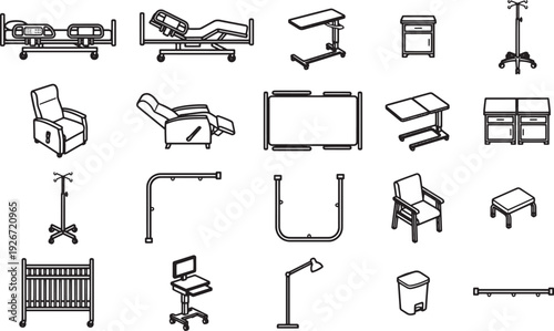 An assortment of medical equipment rendered in a clean, professional style, ready for illustrative use.