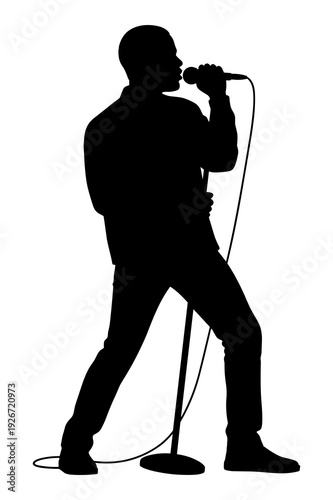 Male singer silhouette performing passionately into microphone stand graphic design
