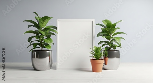 Modern house interior design scene with plants, wooden furniture, and decorative elements near a window inside a stylish room