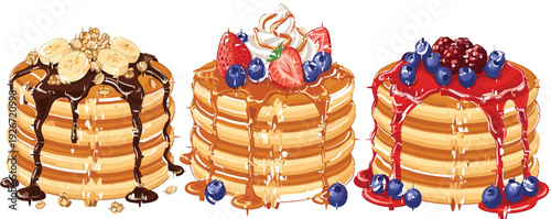 Delicious Pancakes with Chocolate, Fruits, and Syrup Toppings for Breakfast, Dessert, and Food Designs