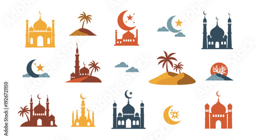 A set of fifteen colorful Islamic icons featuring mosques, crescent moons, stars, and palm trees is arranged on a plain white background.