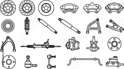 A comprehensive collection of automotive components, meticulously illustrated in a detailed, black-and-white style. Providing a complete overview of vehicle parts, designed for automotive enthusiasts.