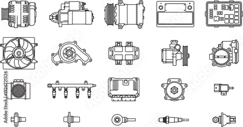 An organized collection of various automotive parts, meticulously illustrated in a monochromatic style. showing engineering and design of the automobile.