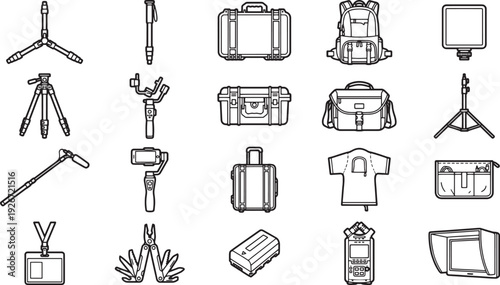 An illustrated collection of essential photography equipment, showcasing the tools and accessories needed to capture stunning visual stories.