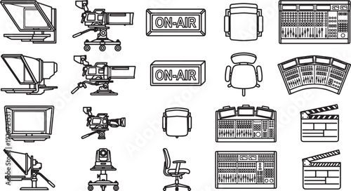 A collection of essential elements in video recording and broadcast production, offering a behind-the-scenes view of the equipment and tools required to create content.