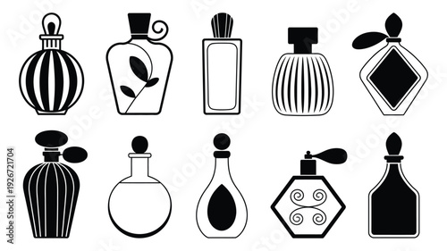 elegant collection of black and white vector perfume bottles, various decorative designs for luxury fragrance and cosmetic illustration.
