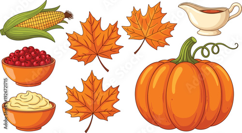 Autumn harvest vector illustration featuring pumpkin, corn, cranberry bowl, gravy boat, mashed potatoes and maple leaves for Thanksgiving seasonal design festive holiday decoration theme.