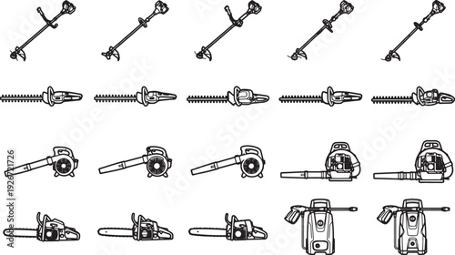 An array of tools featuring illustrations of equipment, from different angle. 