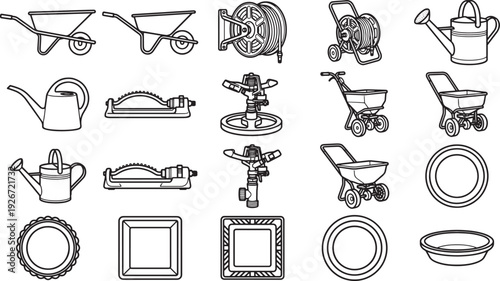 A comprehensive collection of gardening tools, meticulously illustrated in a monochromatic palette. This composition offers a practical and stylish resource for horticultural projects.