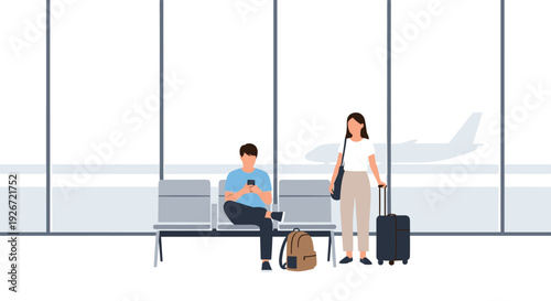 A man sits on a grey airport terminal bench using his smartphone while a woman stands nearby with her black rolling suitcase near a window.