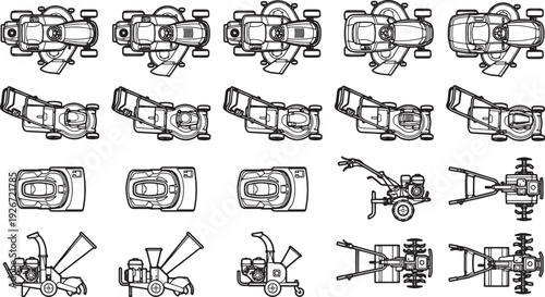 collection of agricultural machines from top views, including tractors, lawnmowers, and cultivators, all rendered in a clean, detailed line art style.